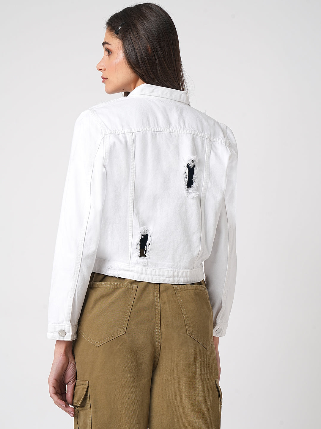 Women White Solid Ripped Denim Jacket