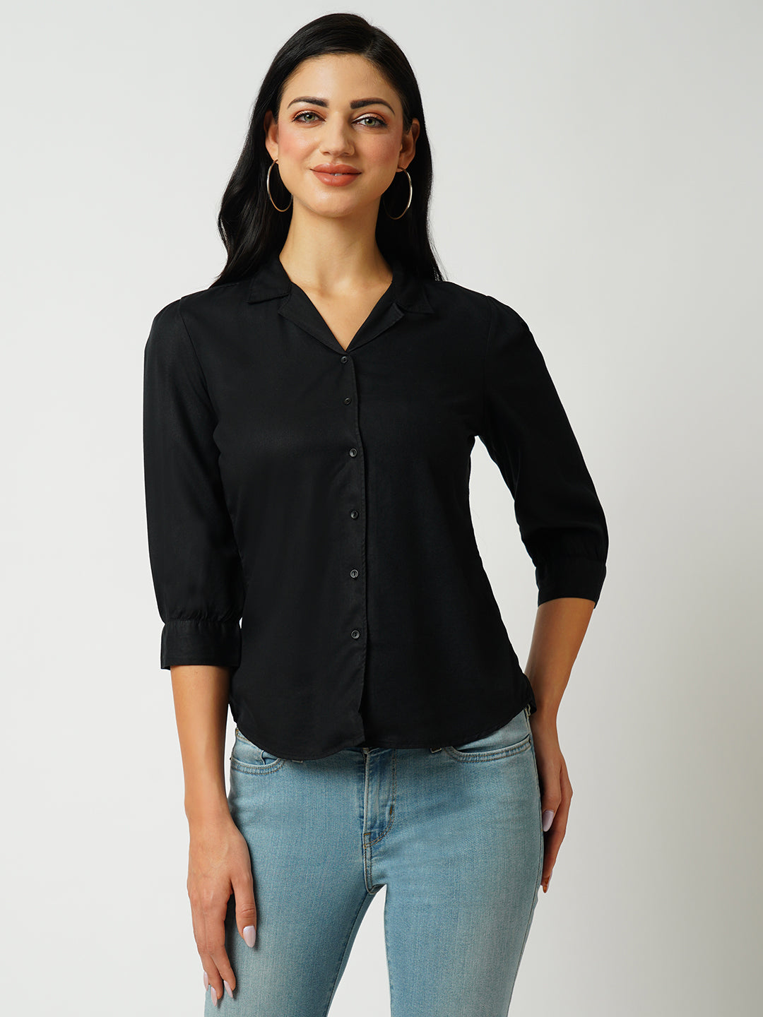 Womens Black Three-Quarter Sleeves Shirts