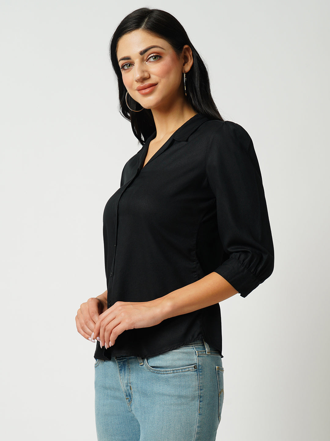 Womens Black Three-Quarter Sleeves Shirts