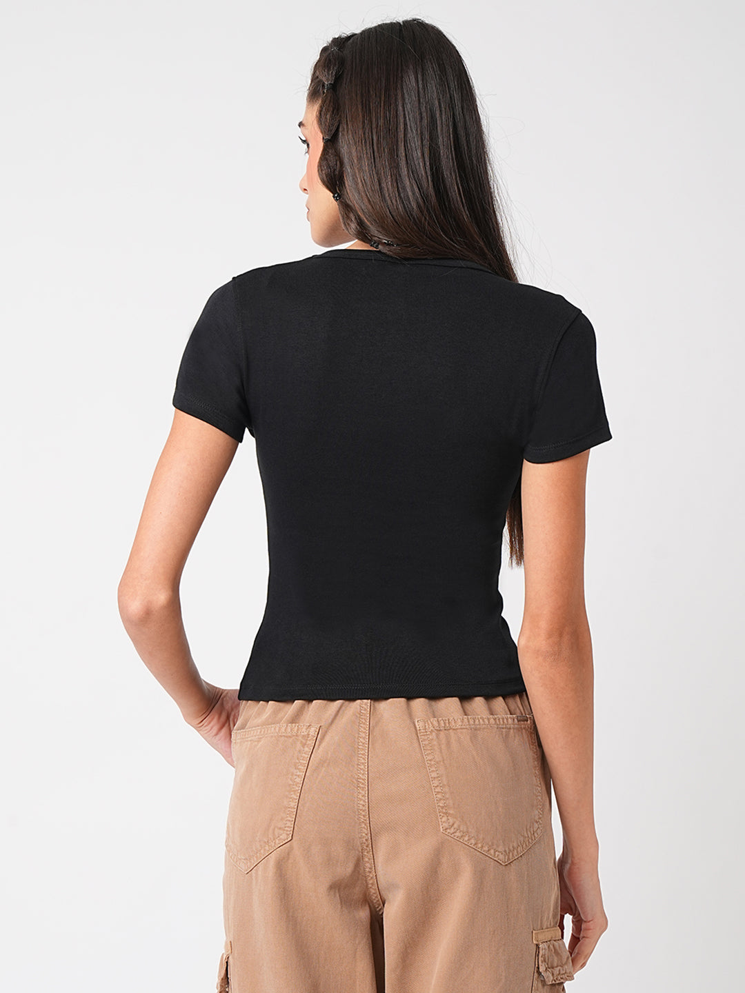 Women Solid Black Crop Slim Fit T-Shirt