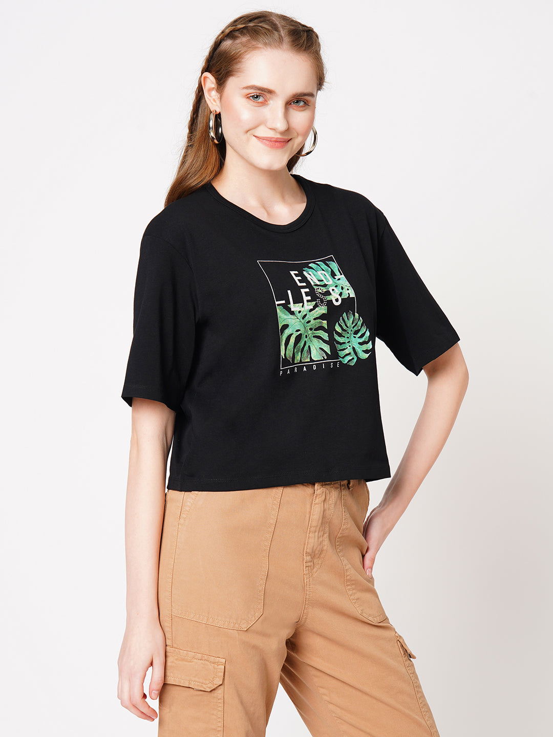 Women Slim Fit  Black Crop Graphic Tees