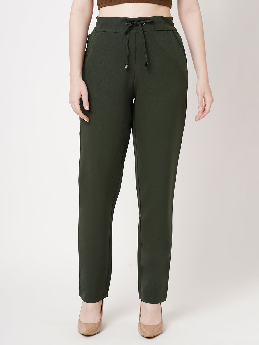 Women Olive Mid-Rise Slim Fit Trouser