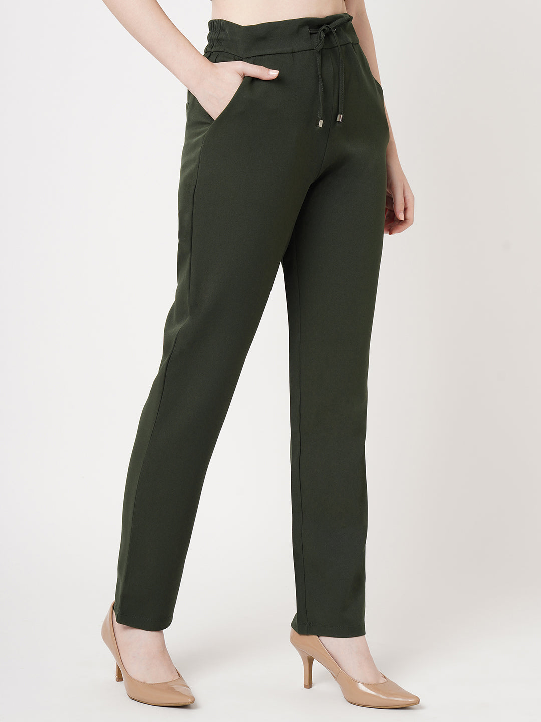 Women Olive Mid-Rise Slim Fit Trouser