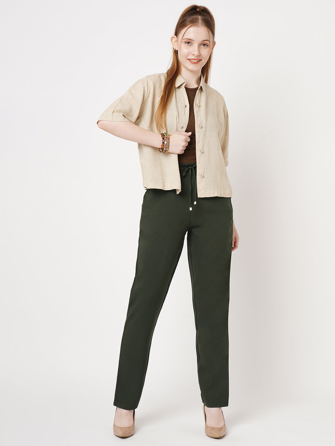 Women Olive Mid-Rise Slim Fit Trouser